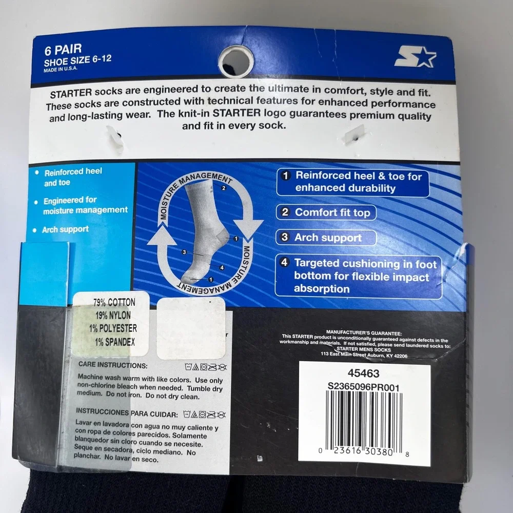 Starter Mens Crew Socks 6 Pair Black Shoe Size 6-12 Athletic Cotton Blend NEW